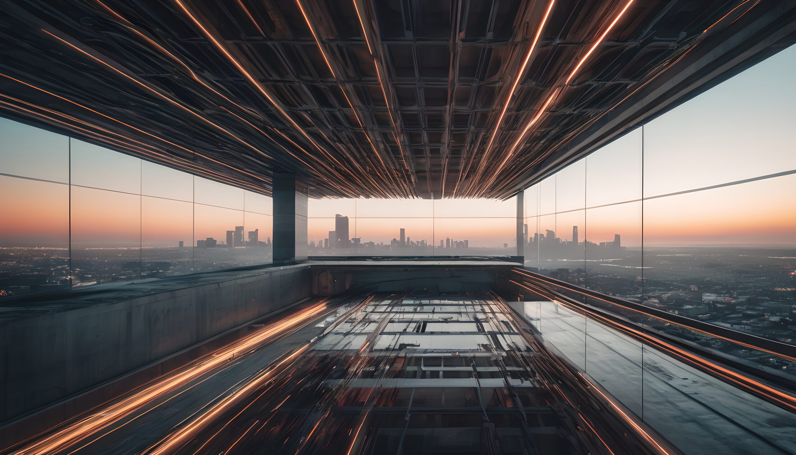 Futuristic sunset cityscape view