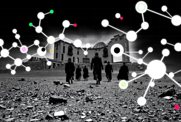 A group of figures walks towards an old observatory under a network of colorful nodes in a desolate landscape.