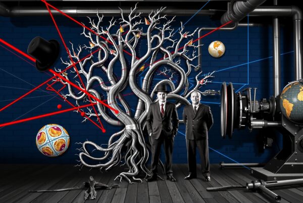 A surreal image of metallic tree, floating hat, red lasers, and formal figures.