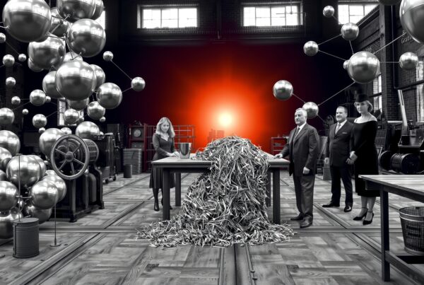 Surreal industrial scene with metallic spheres and figures in formal attire.