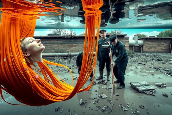 Surreal scene with floating woman and industrial workers in a muddy landscape.