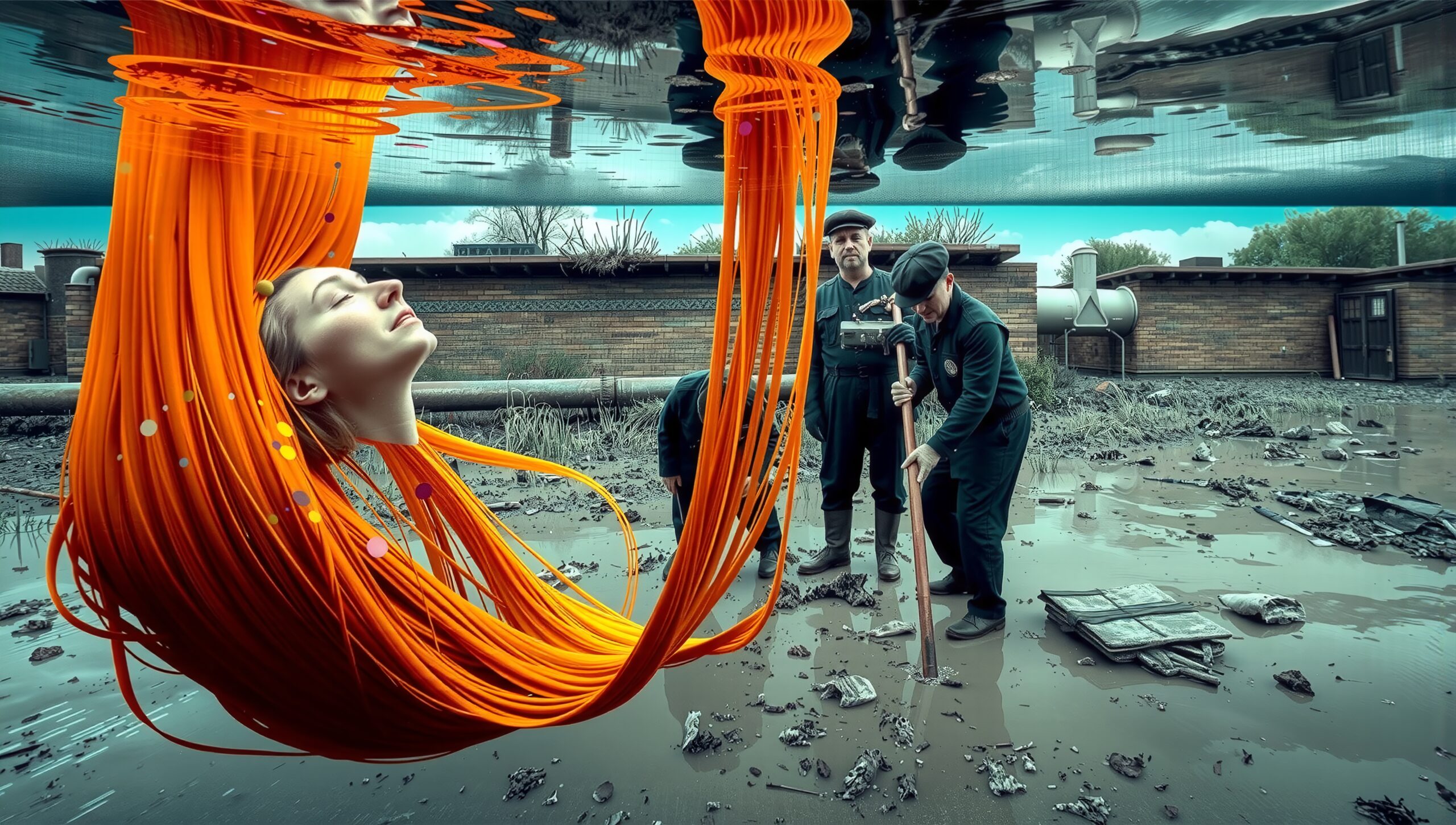 Floating Woman Above Muddy Workers