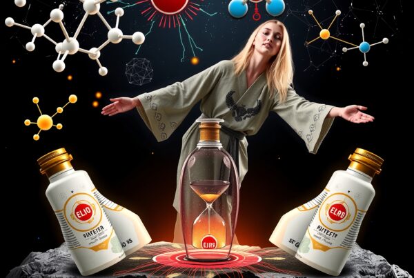 A woman in a robe stands with outstretched arms amid futuristic scientific and alchemical elements, featuring bottles labeled Elixr, against a black background with glowing molecular and neural illustrations.