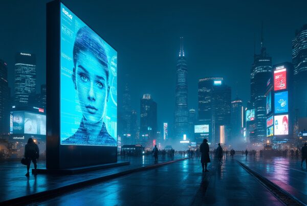 Futuristic cityscape with digital billboards and neon lights at night.