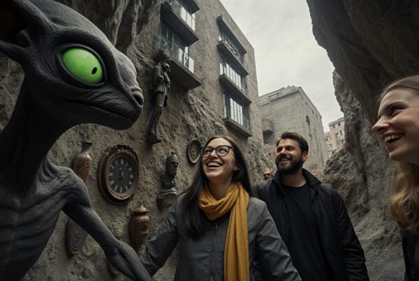 People interacting with a large, enigmatic statue in a rocky, artifact-filled passageway.