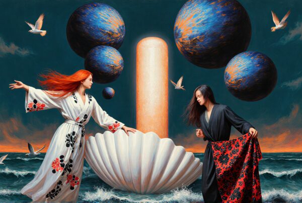 Two figures in robes near ocean, with floating spheres, birds, and a glowing pillar.