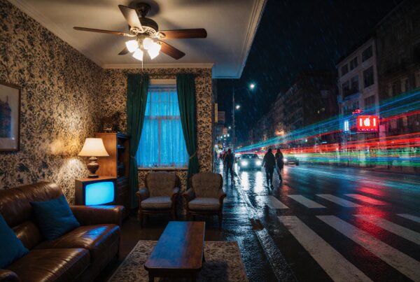 A cozy living room juxtaposed with a rainy, vibrant city street through a window.