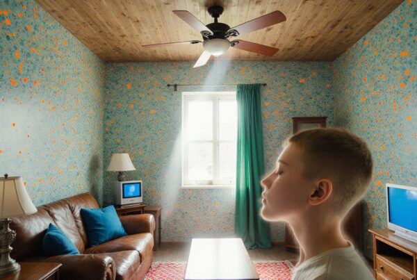 A young person stands in a sunlit, retro-themed room with patterned walls, brown leather sofa, and dual televisions.