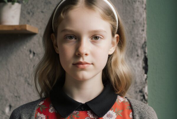 A serene portrait of a young girl wearing a floral dress with a headband, standing against a textured wall with a potted plant in the background.