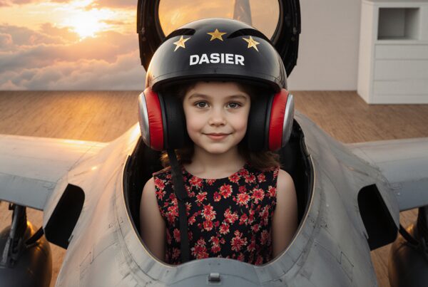 A young girl with a smile sits inside a fighter jet, wearing a helmet and earmuffs, with a sunset backdrop.