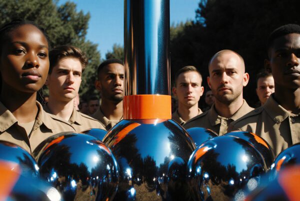 A group in uniform stands solemnly outdoors, reflecting off a metallic structure.