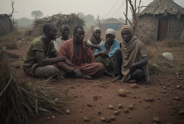 Image of villagers discussing in a rural setting with traditional thatched huts in the background.