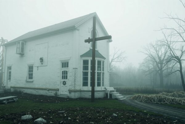 A small white brick building with a wooden cross in front, surrounded by fog and bare trees, creating a serene and mysterious atmosphere.