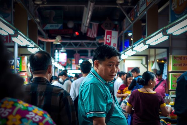 A bustling indoor market with people shopping under bright fluorescent lights.
