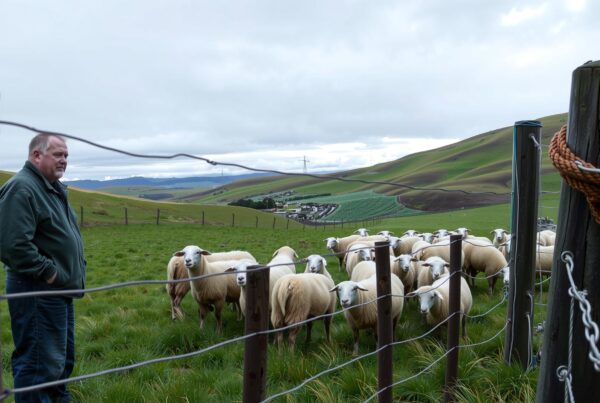A shepherd stands by a fence watching sheep in a green, hilly pasture.