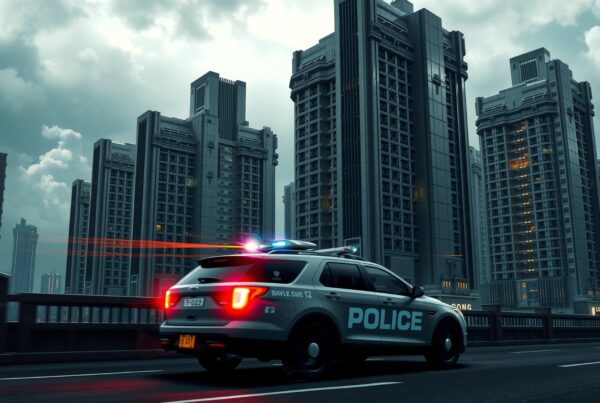 Futuristic cityscape with a police car speeding through, skyscrapers towering against a cloudy sky, creating a dramatic and modern urban scene.