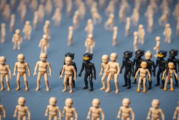 A group of humanoid figures on fabric surface, mixing black and flesh-toned robots, implying contrast and diversity.