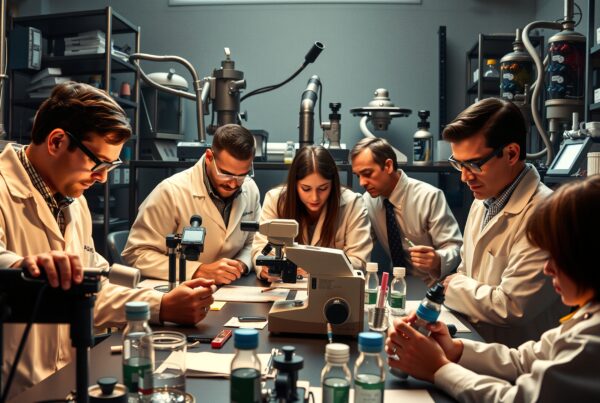 Group of scientists working in a laboratory with microscopes and equipment, collaborating on research projects.