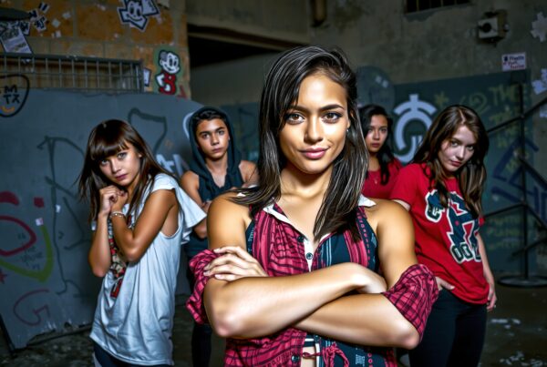 A group of five young people pose confidently in an urban setting with graffiti.
