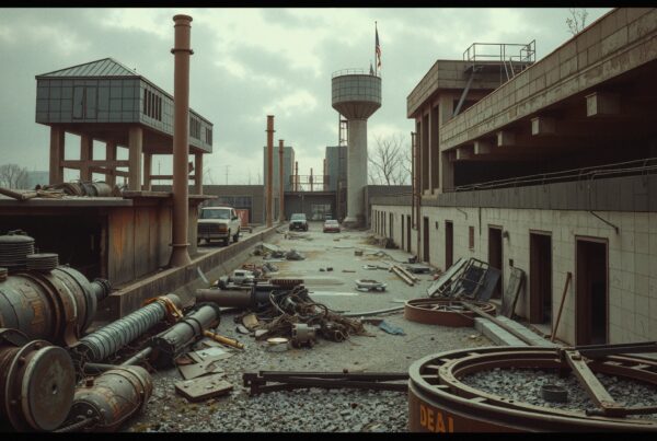 An abandoned industrial yard with machinery, vehicles, and debris under an overcast sky.