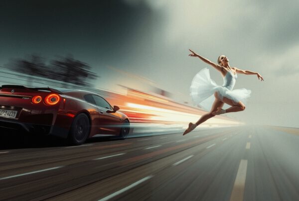 A red sports car races alongside a leaping ballerina, blending speed and grace on an expansive highway.