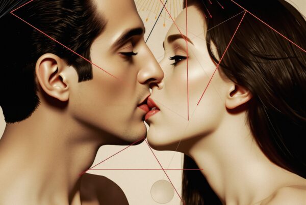 A man and woman sharing a kiss with abstract geometric overlays and modern art style.