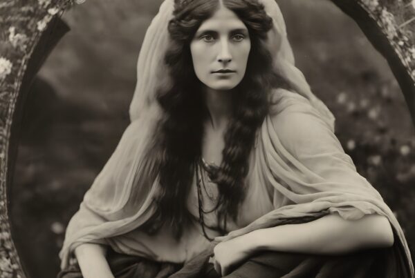 Elegant vintage portrait of woman with crown, dressed in historical attire, in soft-focus floral background.