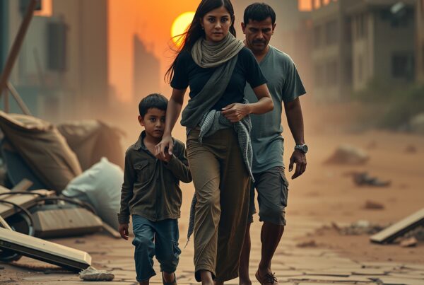 A family walks through a damaged cityscape at sunset, embodying resilience and hope.