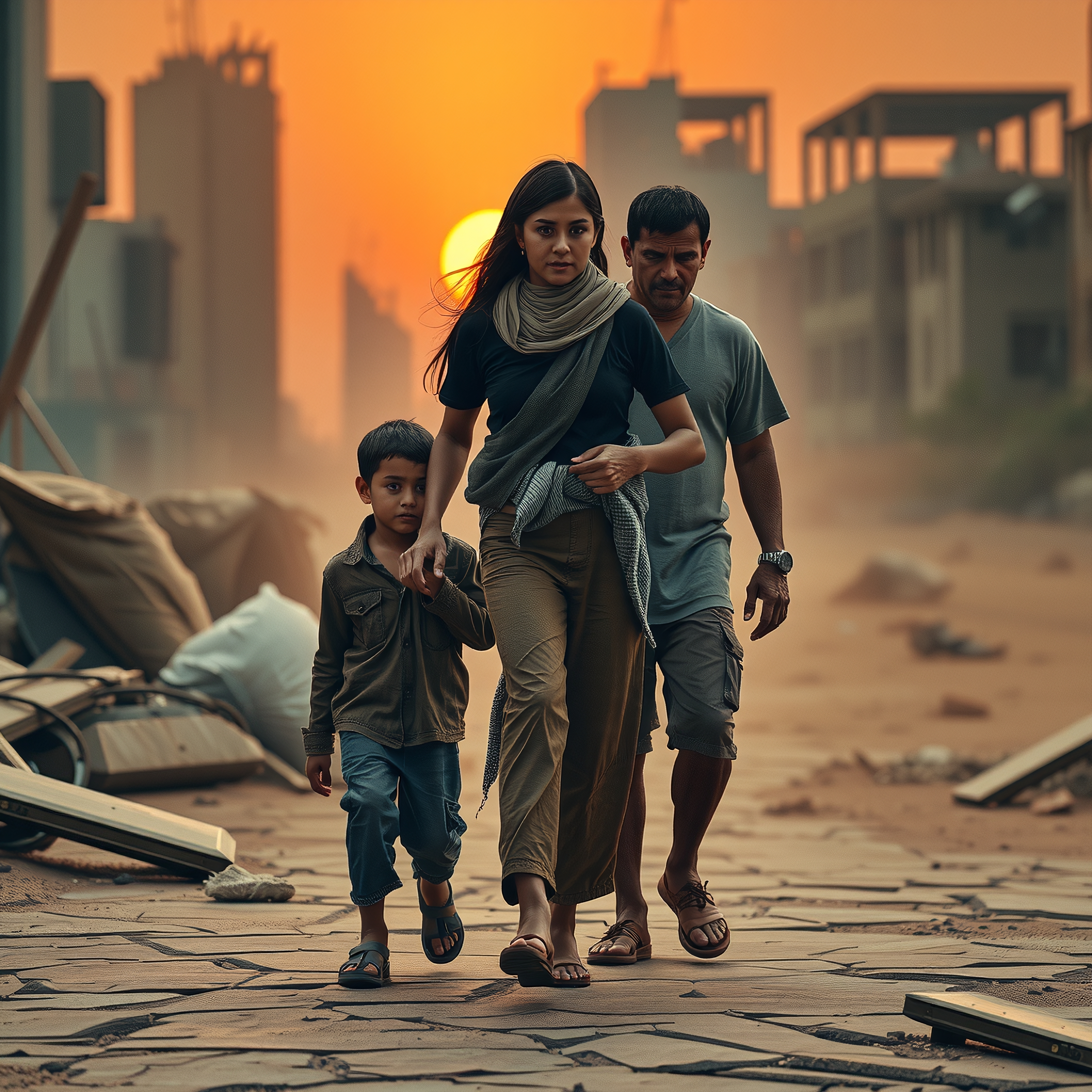 Family Walking in Sunset Ruins