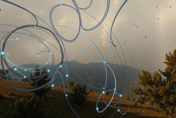 Futuristic digital overlays swirling over peaceful natural scenery with glowing particles and orbital paths