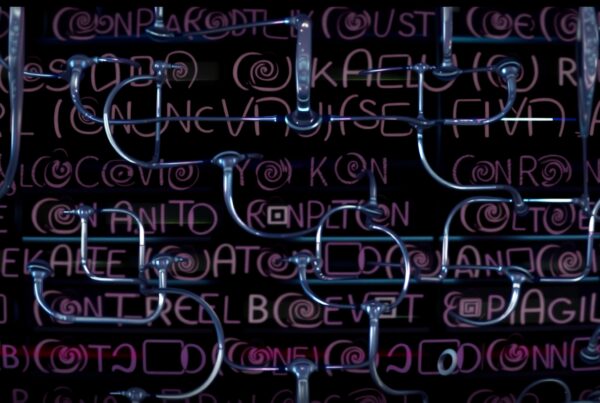 A futuristic network of metal pipes against a neon background of abstract symbols creates a modern aesthetic.