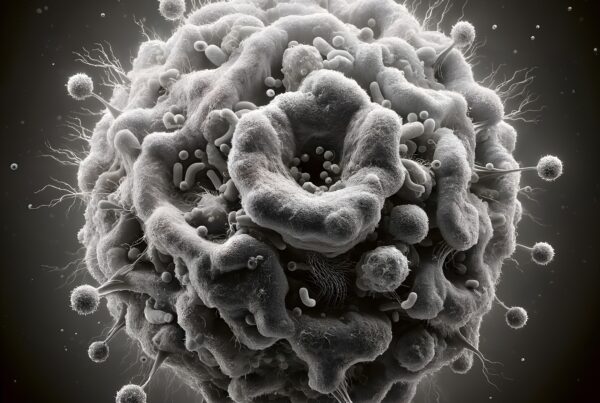 Highly detailed rendering of a microscopic, textured spherical cell or virus with protrusions and folds, illuminated in monochrome against a dark background.