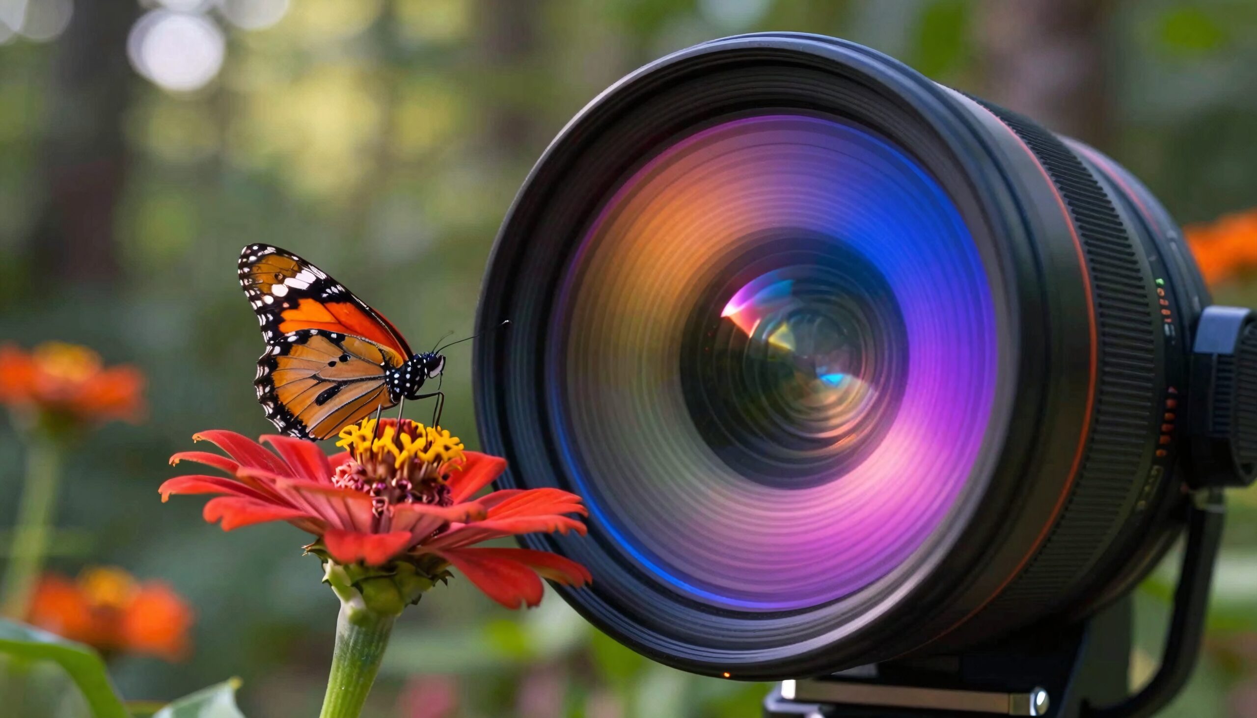 Butterfly on flower near camera