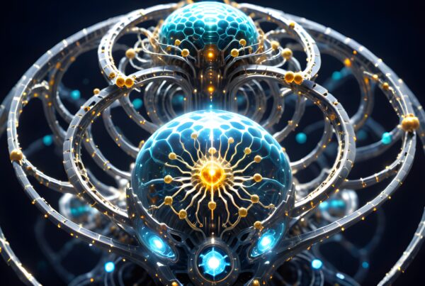 Futuristic network spheres with glowing pathways.