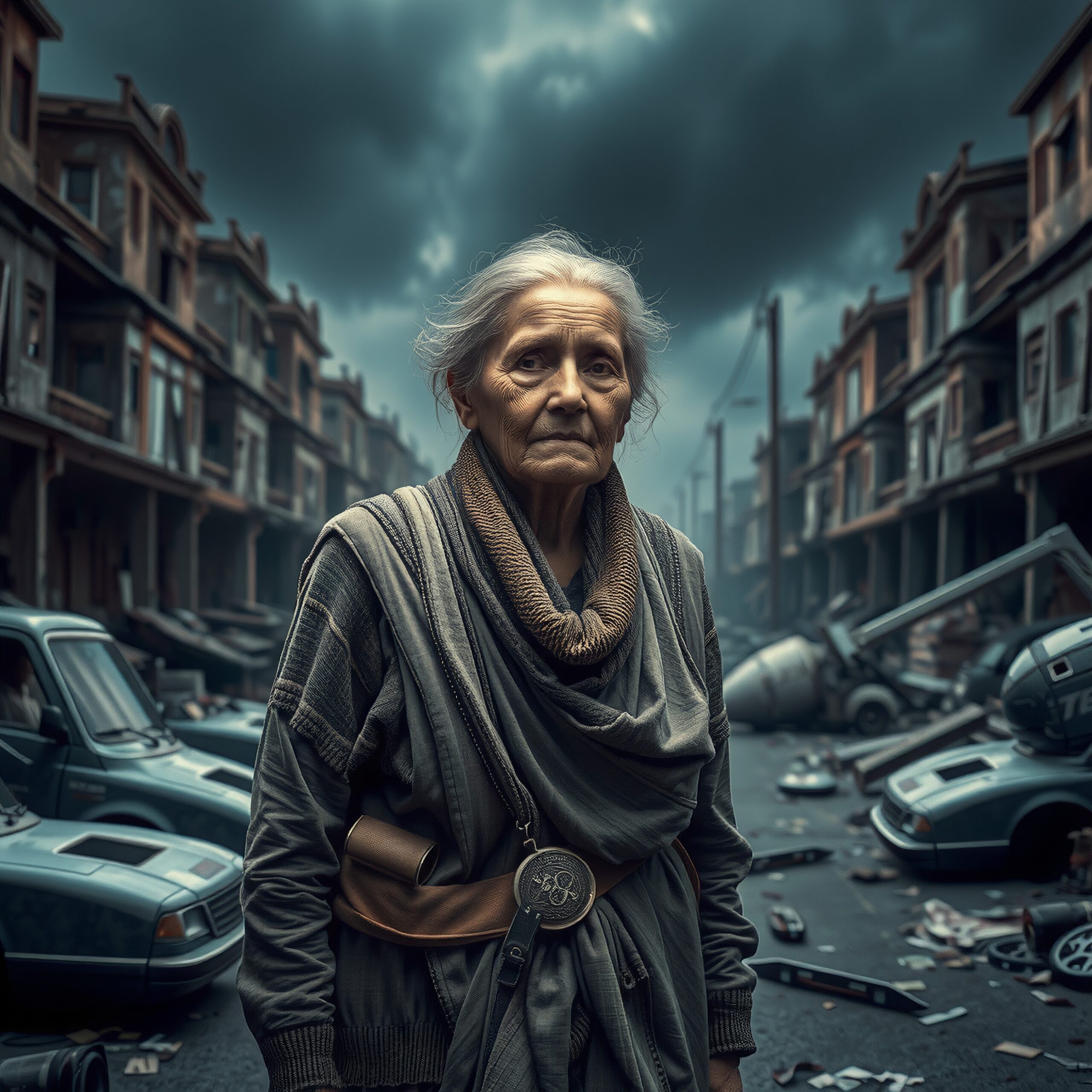 Resilient Woman in Dystopian City