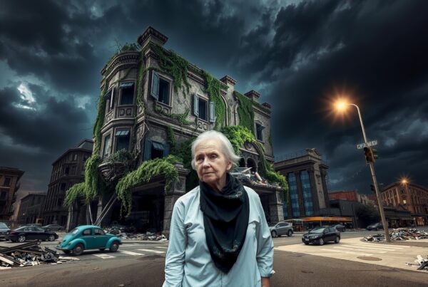 Elderly woman stands in front of vine-covered building under stormy sky.