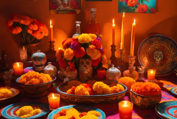 Vibrant Day of the Dead altar with marigolds and candles.