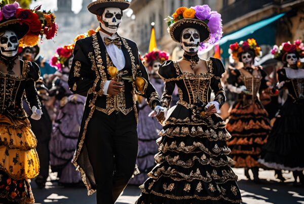 A vibrant Day of the Dead parade with participants in elaborate costumes and skull face paint celebrating in a historic urban setting.