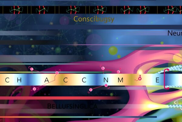 Abstract digital art with vibrant colors and elements of neuroscience, featuring molecular structures and neon neurons.