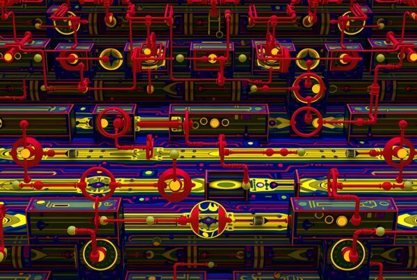 Abstract machinery of interwoven colorful pipes.