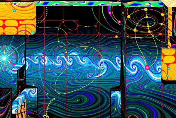 A vibrant abstract design featuring swirling teal and blue waves against geometric and cosmic patterns with contrasting colors.