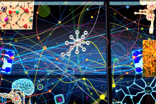 A vibrant digital art piece illustrating interconnected neural structures with colorful lines and molecular patterns.