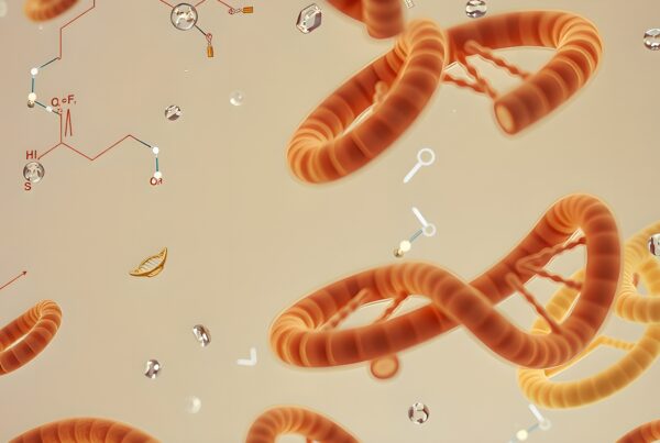 Artistic depiction of molecular structures intertwining with chemical diagrams on a beige background.