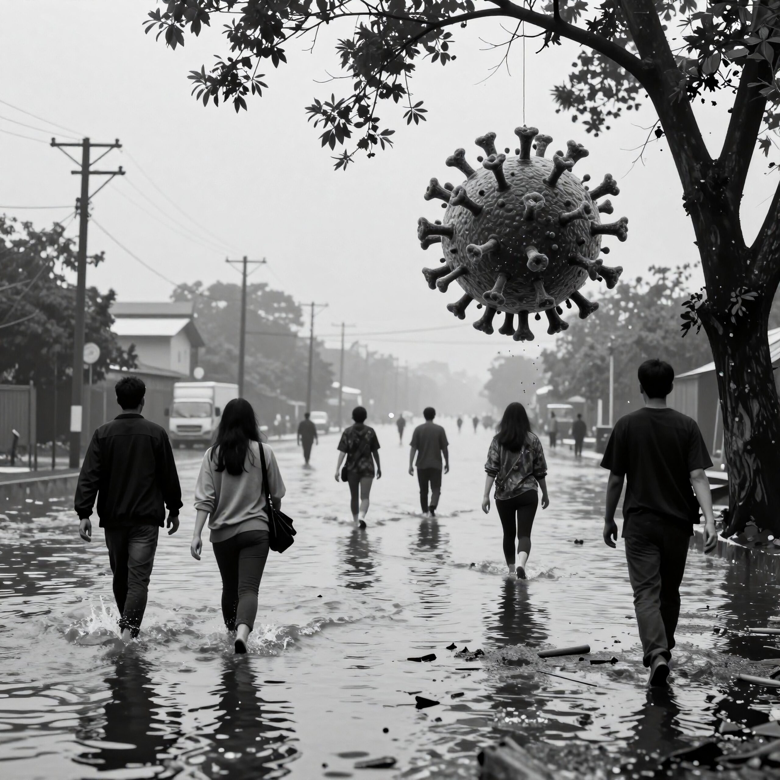 Flooded Street with Virus Sculpture