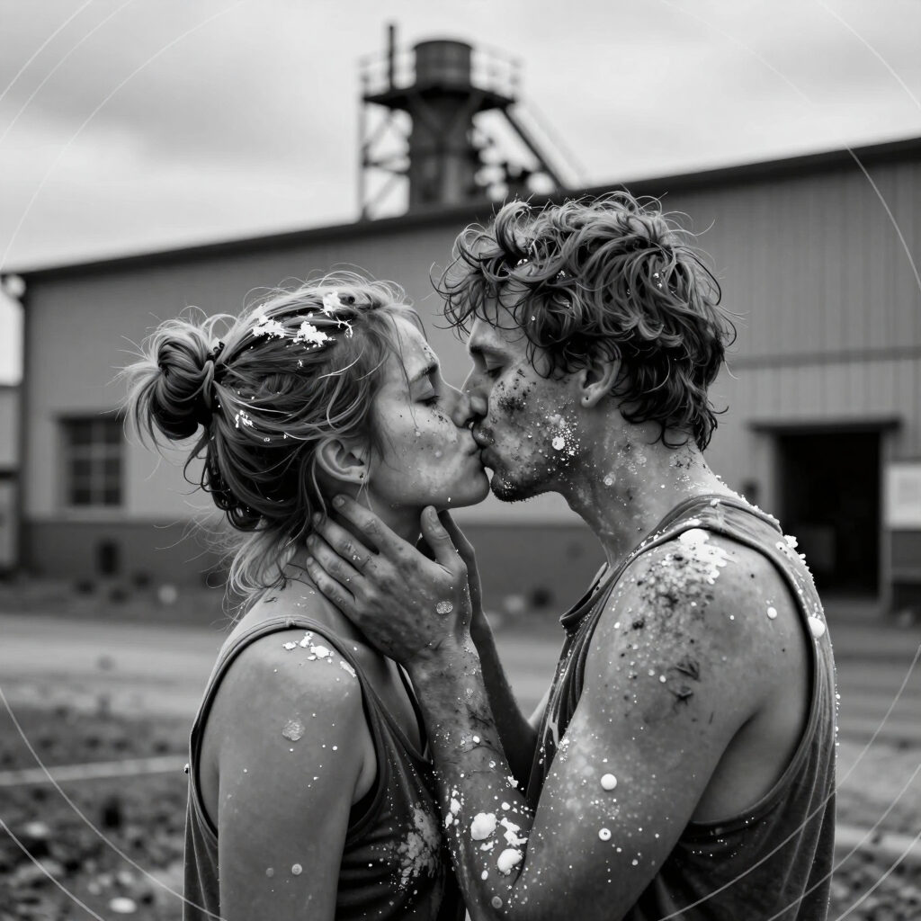 Dusty Industrial Couple Kissing in Black and White Factory Scene