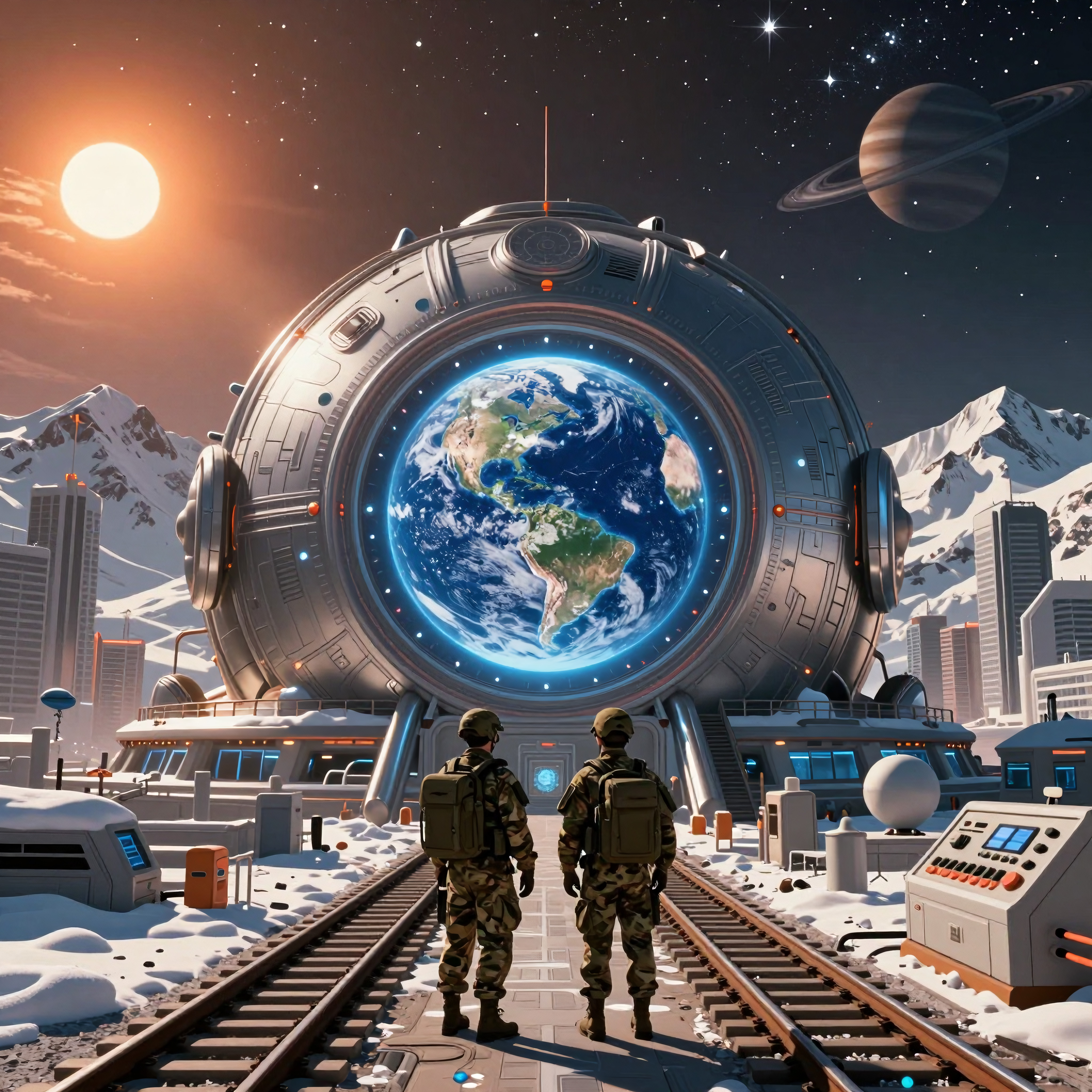 Futuristic World Station on Train Tracks