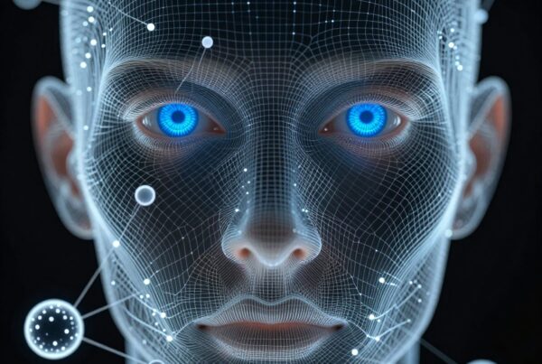 A futuristic digital face with bright blue eyes, constructed from a glowing mesh network, illustrating themes of artificial intelligence and advanced technology.
