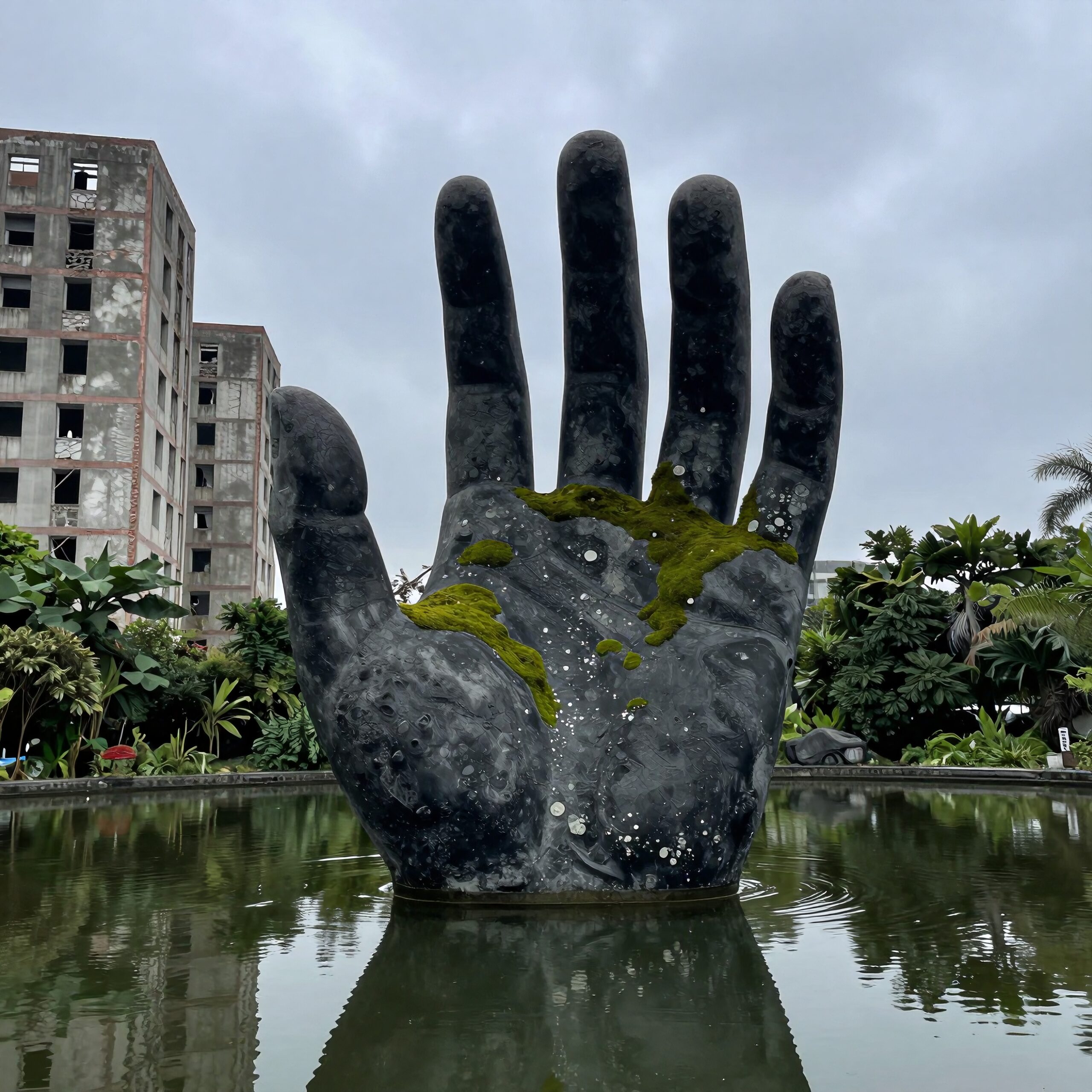 Giant Hand in Reflective Waters