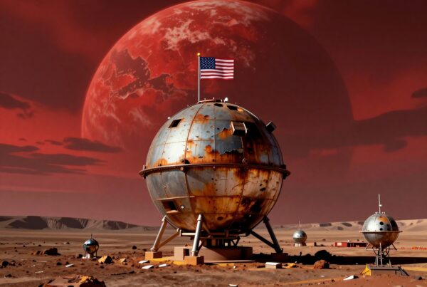 Abandoned space colony with American flag on rusty domed structures in alien landscape under red skies.