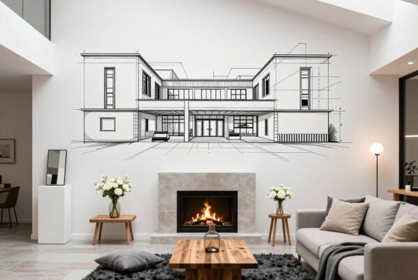 Modern living room with architectural mural and elegant decor.